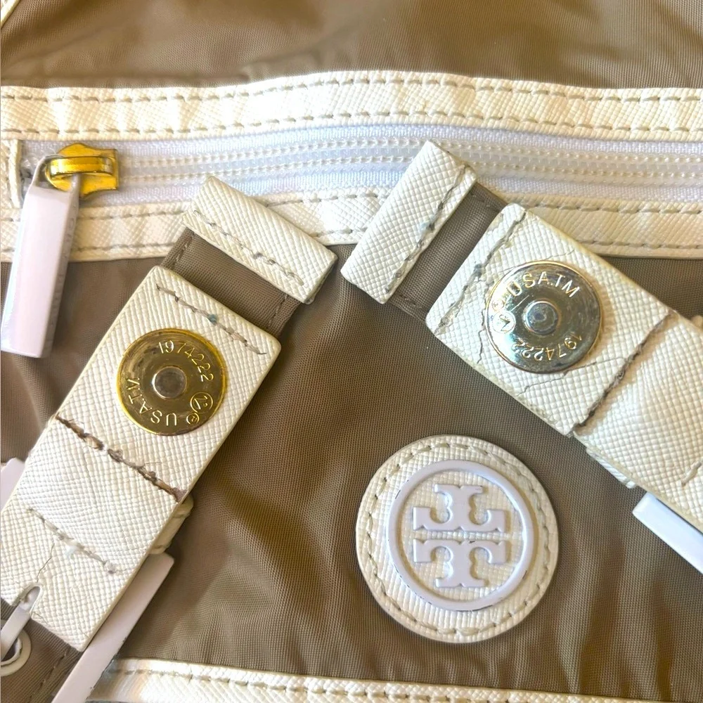 Tory Burch Designer Brown Backpack with White Trim & Signature Logo Detailing